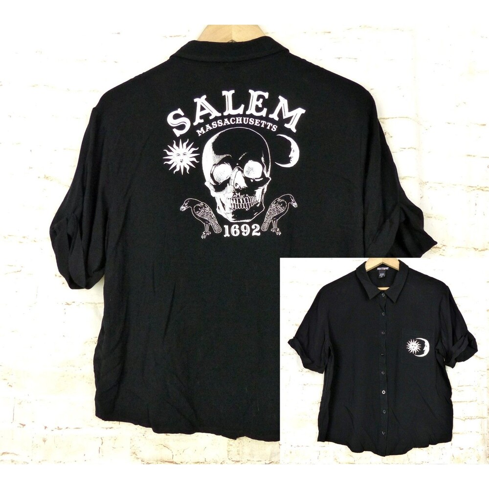 Hot Topic Skull Salem Oversized Button Shirt Womens S Black Goth Witch Moon